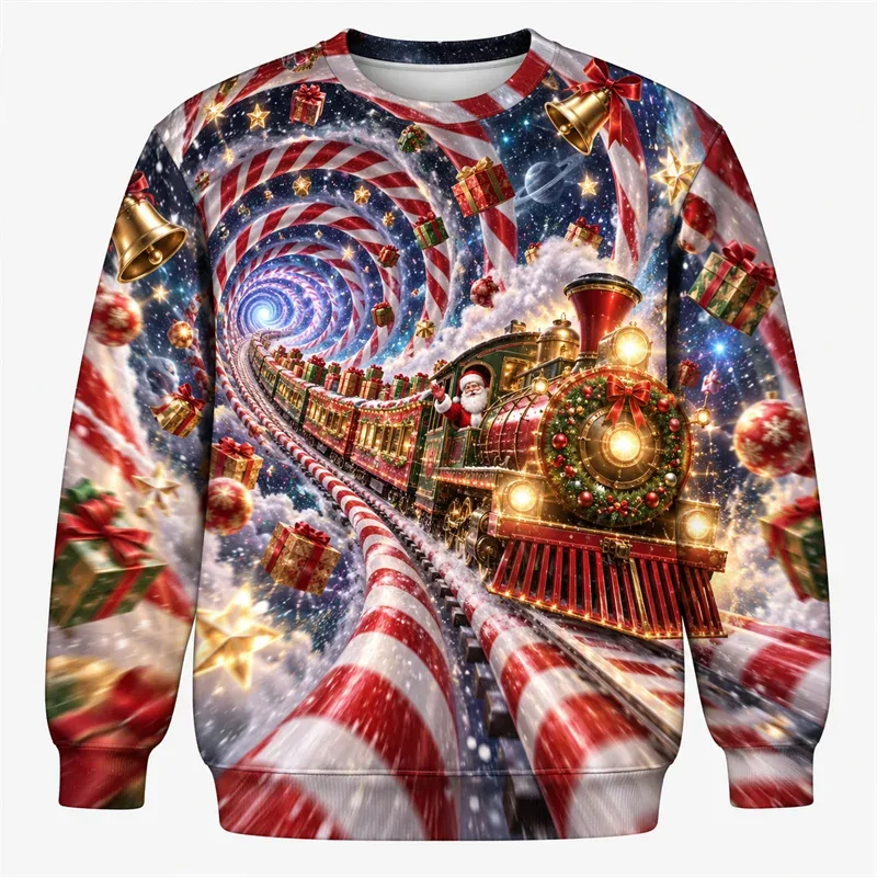 Christmas Fantasy Sweatshirt Train Castle Carousel Angel Polar Bear Crewneck Xmas Pullover Holiday Party Streetwear Gift Top — image 3