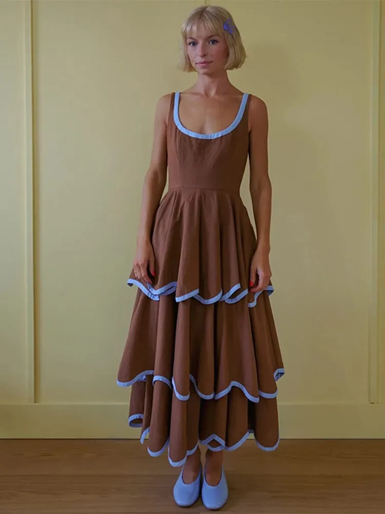 Moda contraste plissado maxi vestido feminino sexy u pescoço sem mangas cintura alta solto vestidos longos 2026 primavera verão senhora boho robe — image 4
