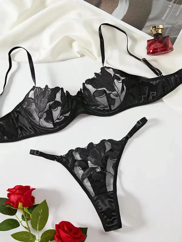 Floral Embroidery Sexy Lingerie Set for Women Underwear Transparent Bralette Underwire Push Up Bra and Panty 2 Piece Set