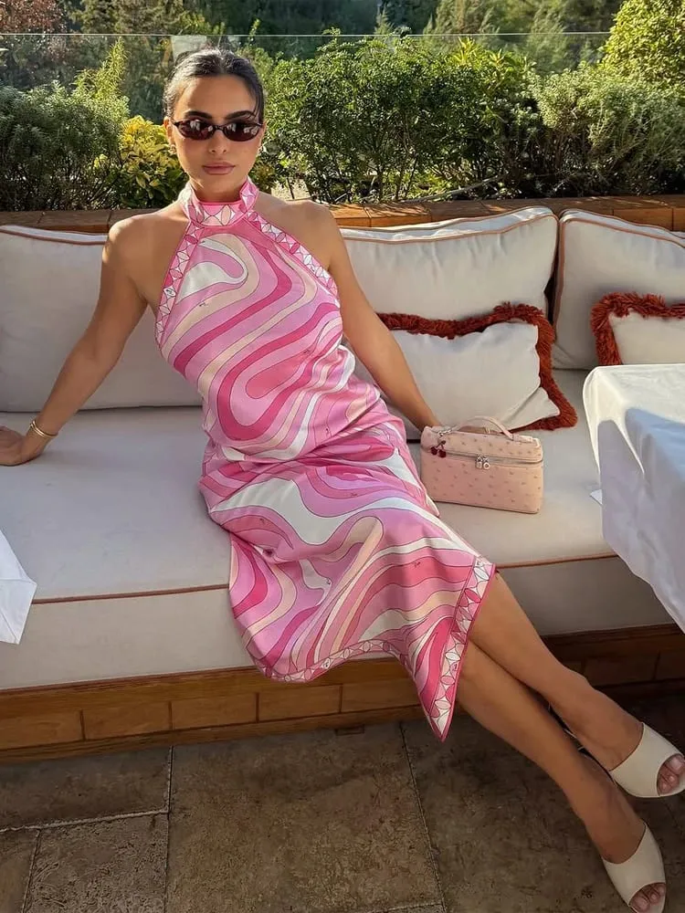 Senhora sexy impresso halter vestido sem mangas fora do ombro sem costas solto irregular chique robe 2026 feminino férias rua vestidos