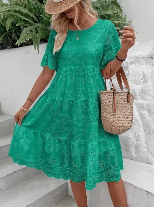 Pambabaeng White Eyelet Embroidery Midi Dress Hollow-out Boho Flowy Ruffle Tiered Dress Casual Short Sleeve Summer Beach Dresses — image 7