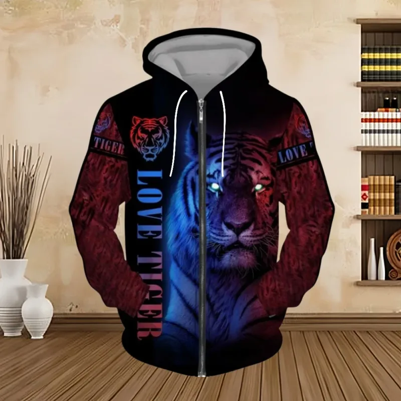 Primavera e outono moletom com capuz masculino 3d impressão digital série tigre zip up hoodies moda moletom personalizado para homem — image 13