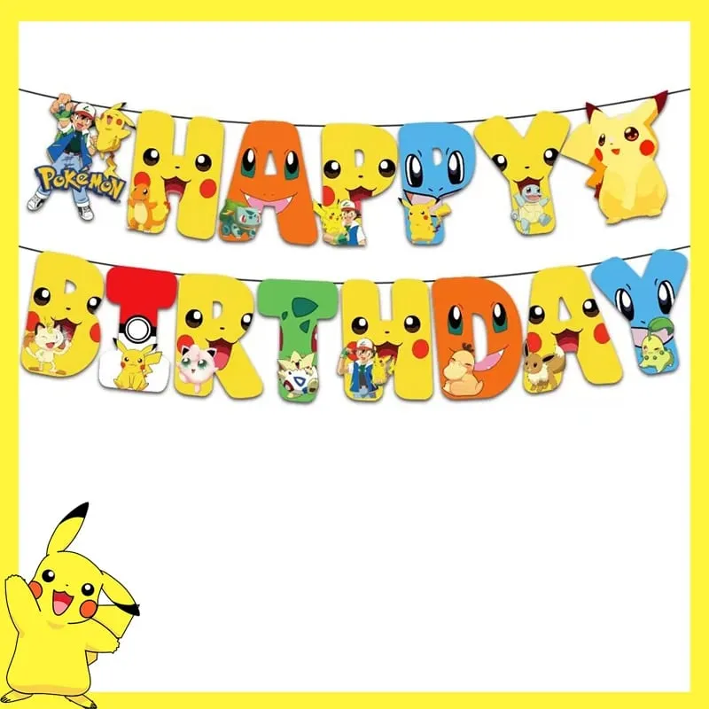 Pokemon Birthday Party Decoration Pikachu Disposable Tableware Cup Napkin Plate Tablecloth Baby Shower Cake Topper Flag Balloons — image 6