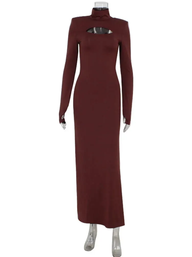 Ahagaga Sexy Sheath Women's Maxi Dresses Solid Turtleneck Regular Long Sleeves Hollow Out Slim Fit Bodycon Party Vestidos Robes — image 7