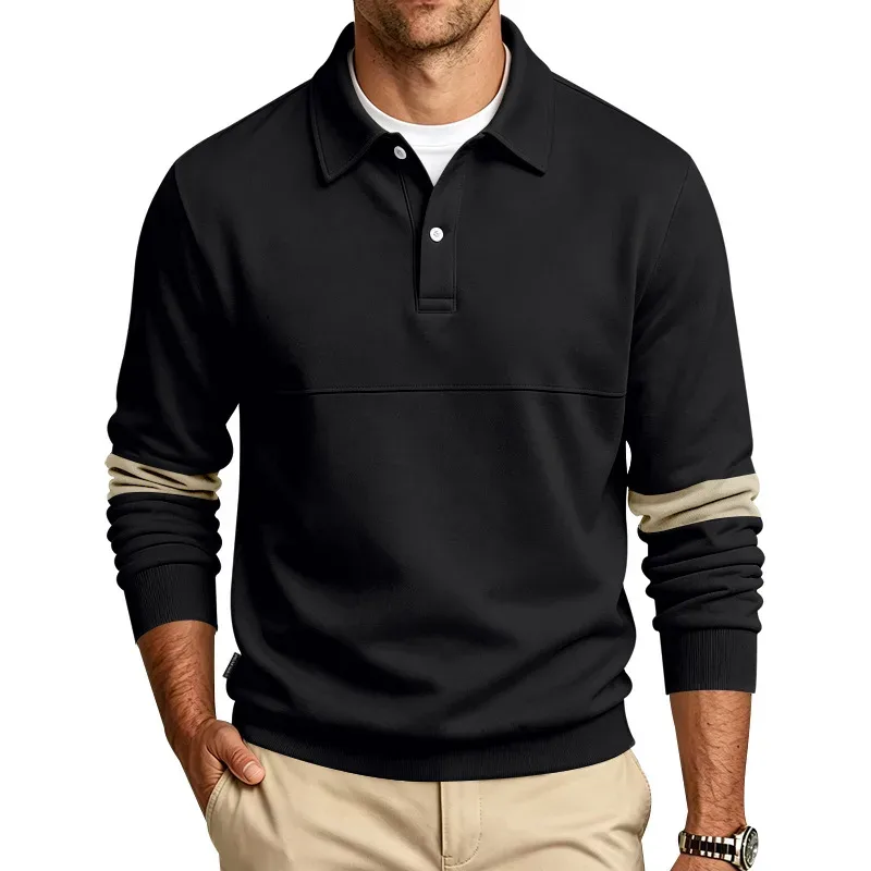 Men Lapel Polo Sweatshirt, Color Block Long Sleeve Pullover, Loose Solid Casual Top for Spring Autumn Daily Outfit — image 1