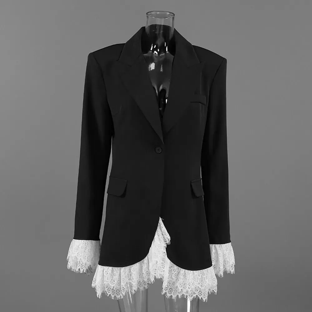 2026 Autumn New Sexy V-Neck Lace Patchwork Black Dress Elegant Temperament Long Sleeve Blazer Maikling Dresses Pambabaeng Damit — image 3
