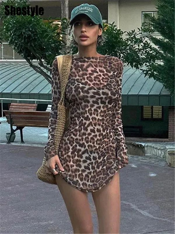 Shestyle Leopard Sexy A-Line Dress Women Two Piece Sets Mesh See Through Fashion Extremely Hot High Street Animal Print Naka-istilong