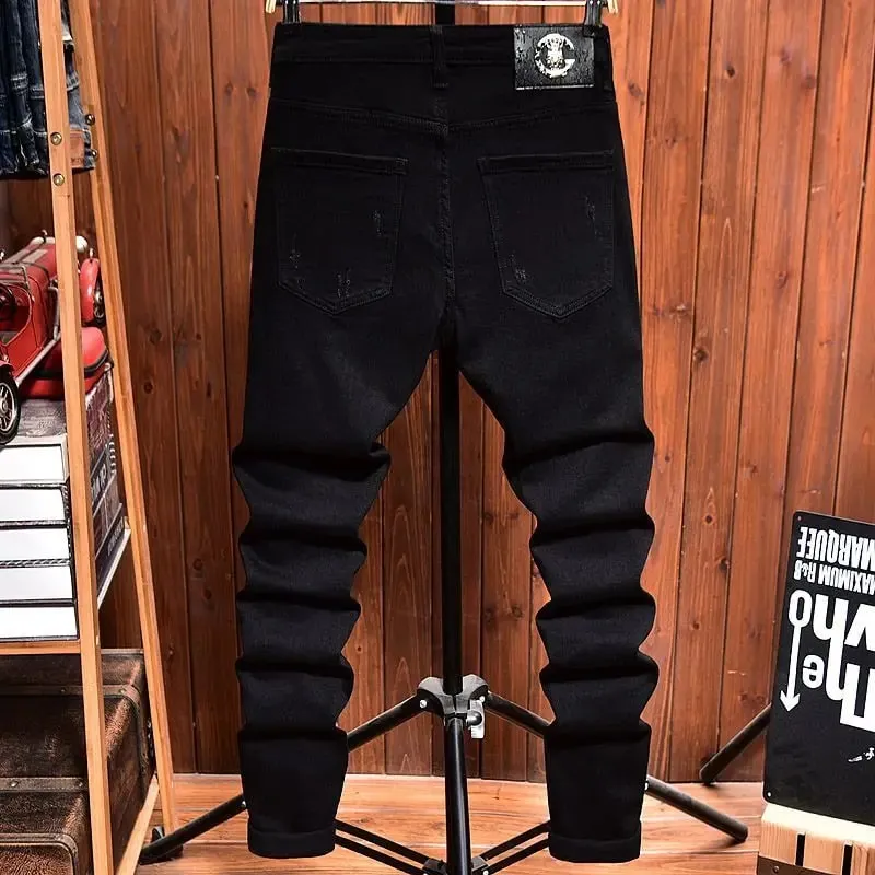 2025 Jeans Men's Spring Autumn Versatile Korean Black Elastic Slim Small Feet Zipper Pants Autumn Cowboy Man Pants Design Jeans — image 2