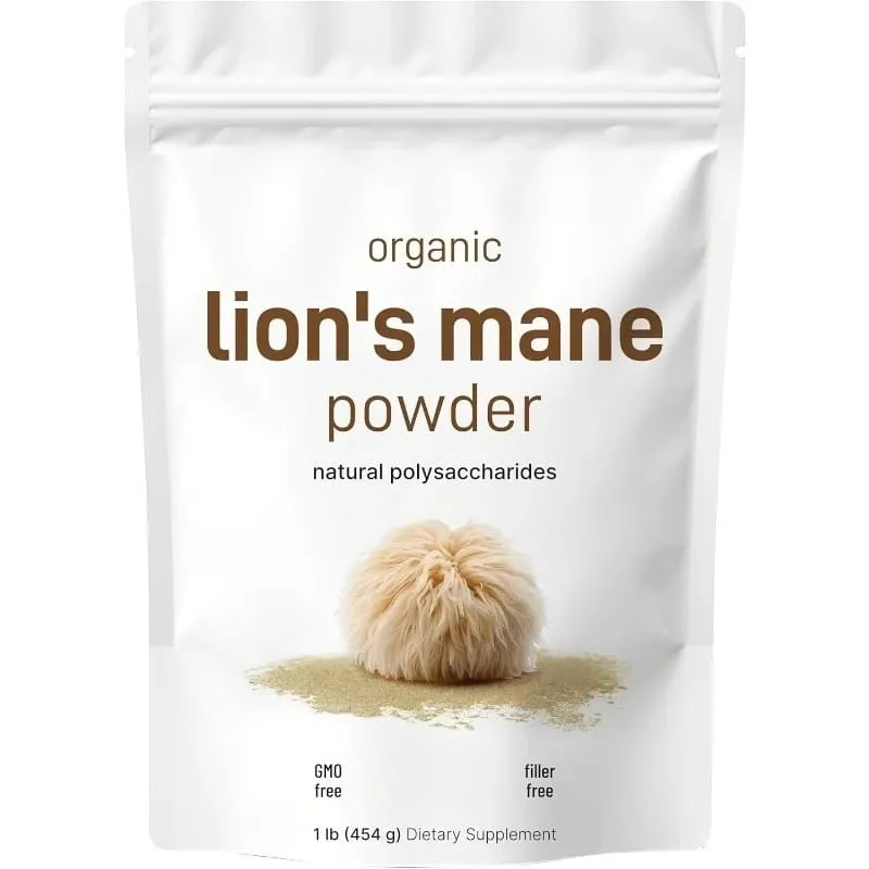 Organic Lion’s Mane Mushroom Pure Fruiting Body Superfood Supports Brain Focus Energy Immune Health Great for Smoothies Coffee