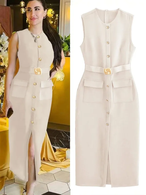 Sleeveless Button Down Ashirtdress with Belt Solid Color Front Slit Elegant for Office Party Dresses Luxury 2025 Ashirtwaister — image 3