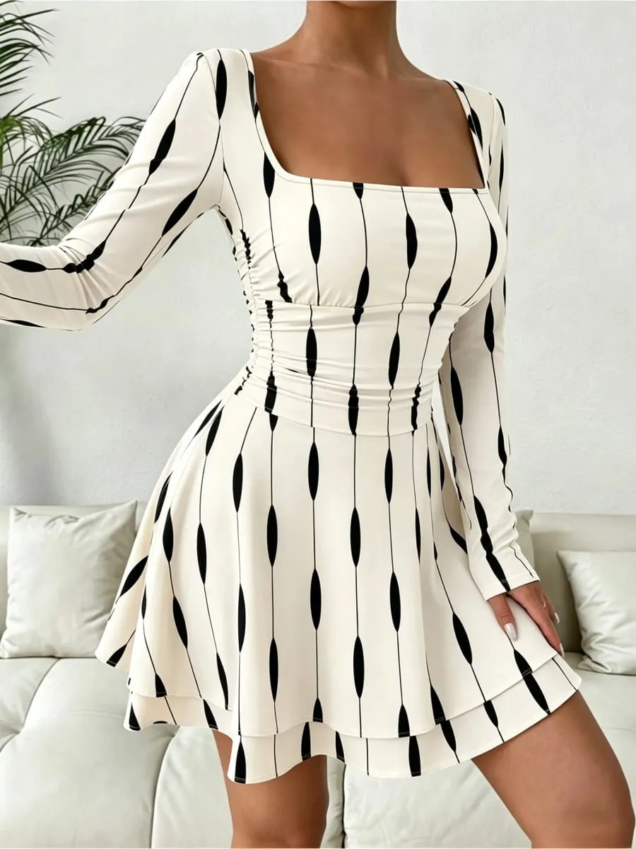 Autumn Geometric Print Mini Dress Women's Sexy Square Neck Long Sleeve Waist Cinched A-Line Skirt Length Fashionable — image 5
