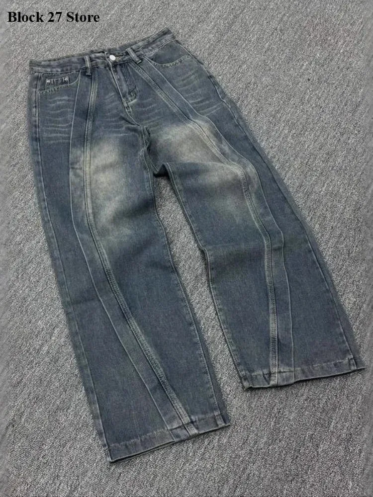 Mens Jeans American Vintage Streetwear Dark Blue Wide Leg Denim Pants Patchwork Contrast Stitch Washed Loose Fit Retro Fashion — image 2