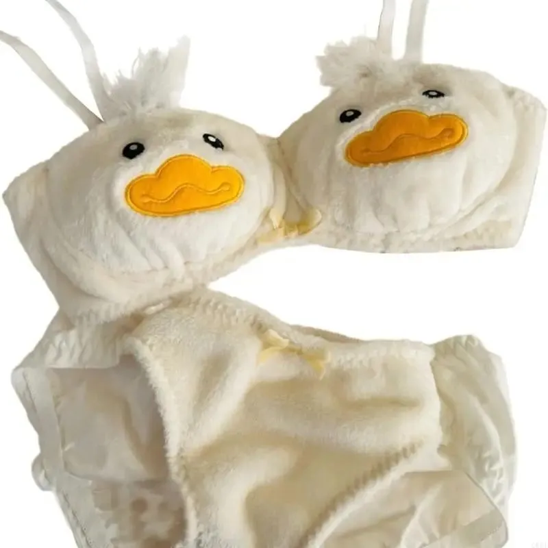 Women's 2Pcs Furry Bra and Panty Set Cartoon Duck Pattern Fuzzy Plush Wireless Underwear Japanese Anime Lingerie
