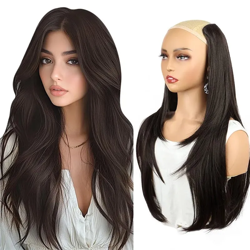 Synthetic Long Straight 22Inch Layered Clip-in Hair Extension V-shaped Black Blonde Invisible Hairpiece for Women Party Girl — image 5
