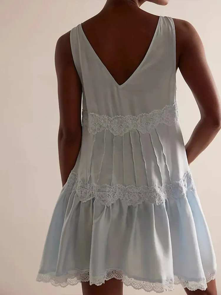 Pambabaeng A-Line na Dress V-Neck na walang manggas na Lace Trim Tiered Flared Casual Daily Wear Dress Naka-istilong Babaeng Frock — image 7
