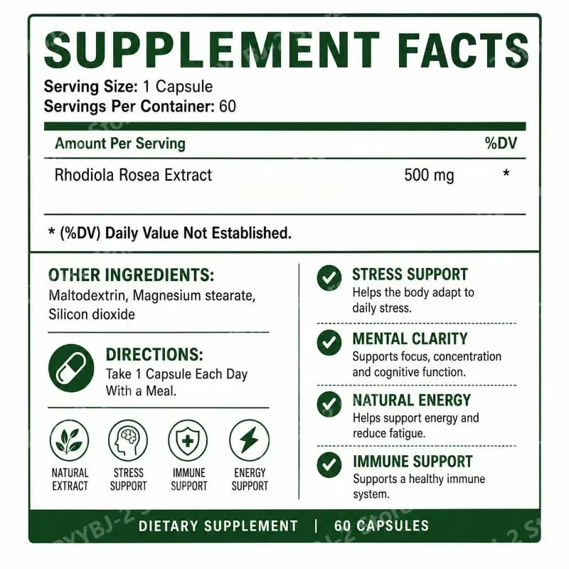 500mg Rhodiola Rosea Capsules Natural Herbaceous Plants Supplement for Daily Stress Support & Energy Balance 60 Count Per Bottle — image 2