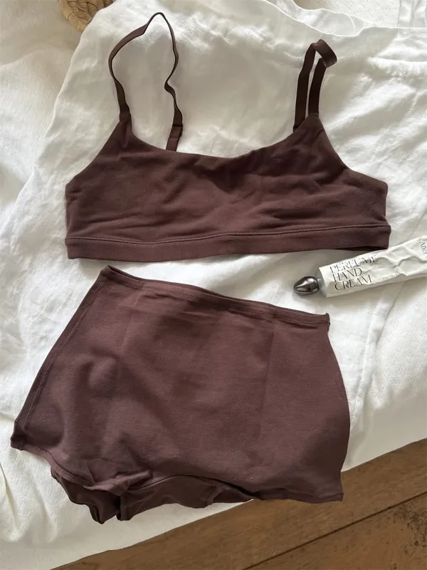 Solid Cotton Sport Set Woman Adjusted-strap Seamless Bras+Low Waist Boxer Briefs Casual Simple High Elasticity Lingerie Sets — image 6