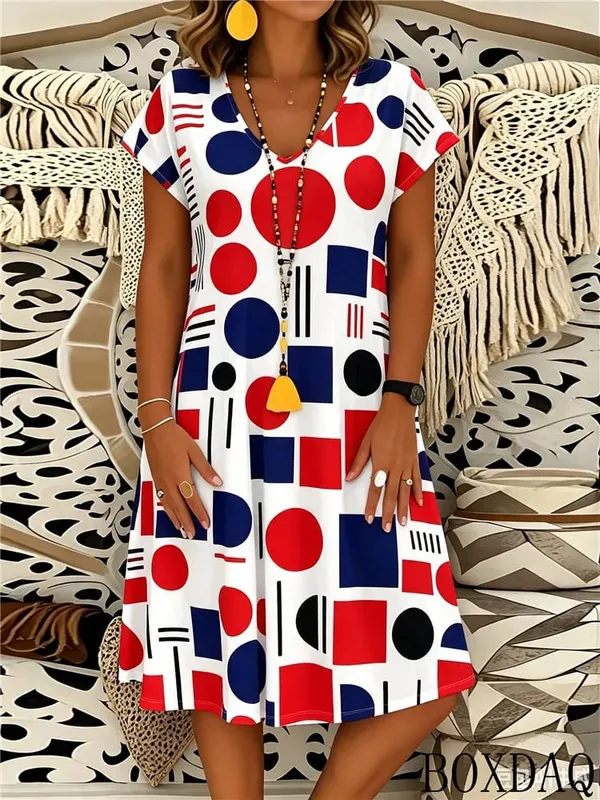 2026 Summer Fashion Geometric Pattern Printed Women's Dress Short Sleeve V-neck Casual Dresses — image 2