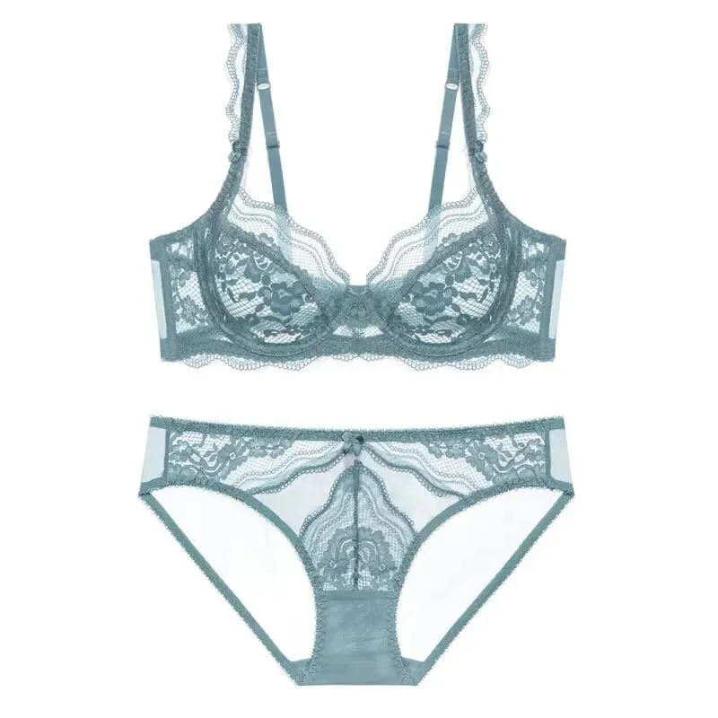 Plus Size Full Bust Minimizer Bra Set Sheer Floral Lace Thin Anti Sag Support Transparent Underwear Women Breathable Intimates — image 9