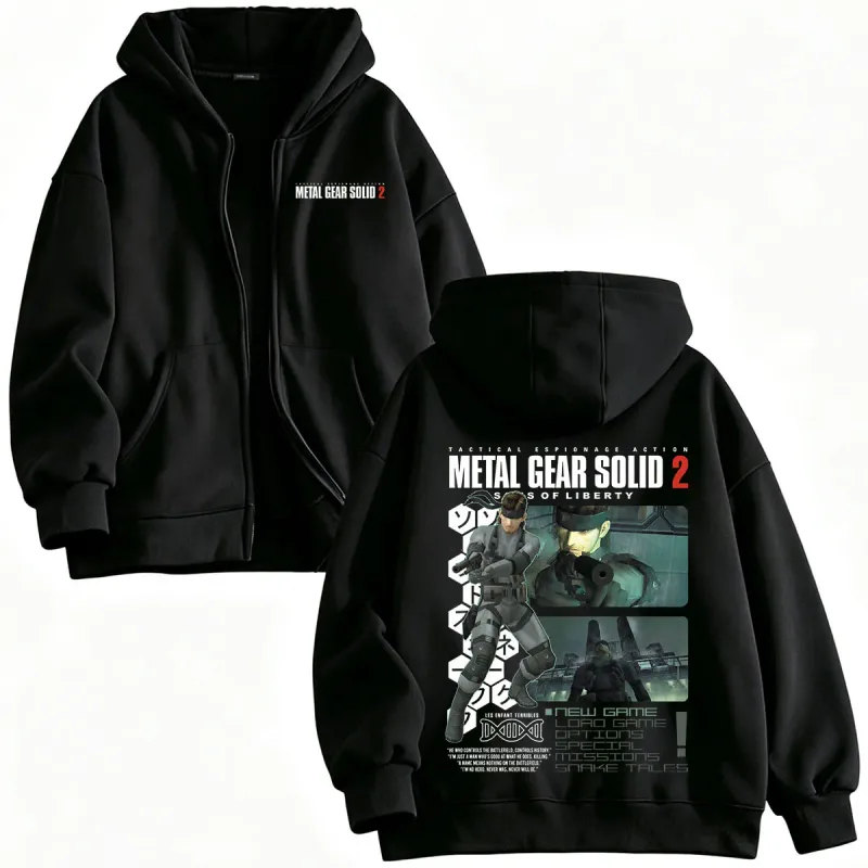 Metal Gear Solid 2 Sons of Liberty MGS2 Solid Snake Game Dragkedja Hoodies Herr Dam Fleece Zip Up Huvtröjor Jackor Kappor — image 1