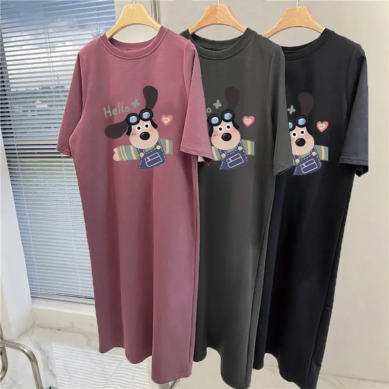 Cute Cartoon Dog Print T-Shirt Dress Women Loose Short Sleeve Split Casual Midi Dress — image 4