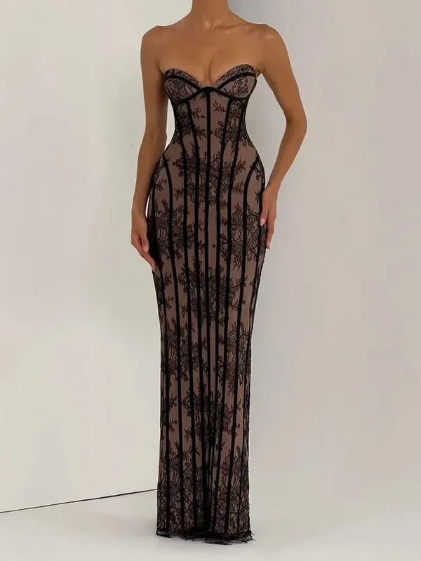 Mulheres sem alças tule espinha de peixe vestido sem costas fora do ombro impresso retalhos magro maxi vestidos 2026 senhora chique festa vestido de noite