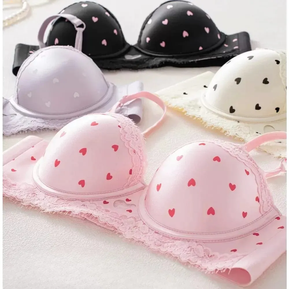 Kawaii doce coração renda sutiã conjunto de calcinha push up pequeno peito coleção lateral anti sag conforto roupa interior feminina 32-38 tamanho — image 2