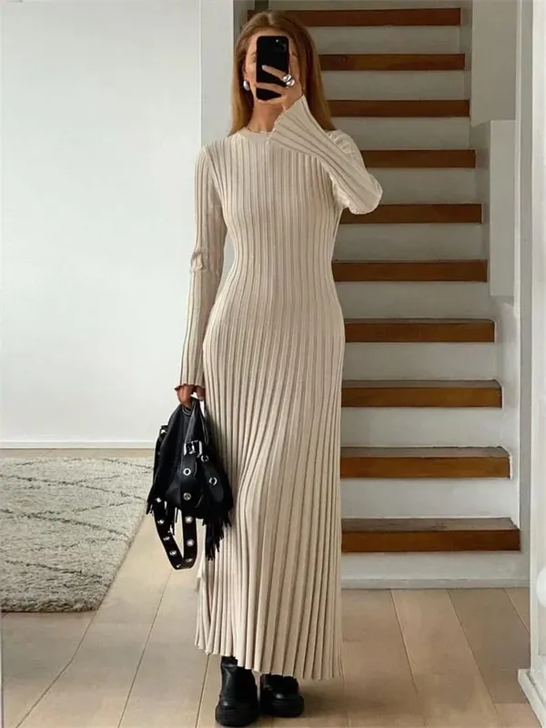 Tossy vestido feminino de malha com cadarço, maxi vestido outono cintura alta moda patchwork manga comprida solto vestido sólido bandagem vestido de malha