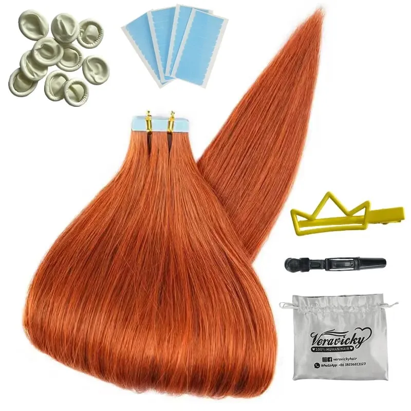 Veravicky cobre vermelho 50g fita em extensões de cabelo humano trama da pele adesivo invisível machina remy sem costura 100% cabelo real — image 3