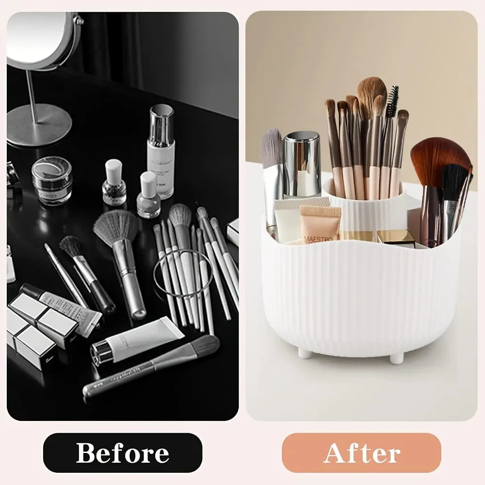 360-Degree Rotating Makeup Organizer 5 Slot Plastic Cosmetic Storage Elegant Stripe Versatile Holder for Brushes Office Supplies — image 3