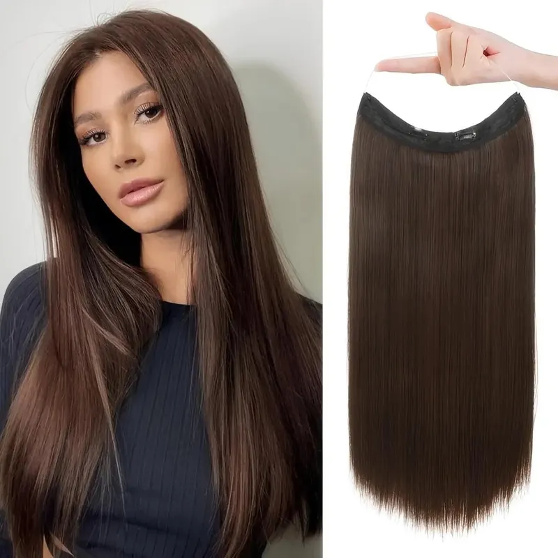 Invisible Halo Hair Extensions Real Human Hair Fish Wire Adjustable Band Secret Clip-in Extension for Women Chocolate Brown — image 9