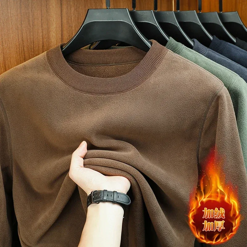 Taglagas at Winter Men's Velvet Hoodie Long Sleeve Round Neck Solid Color Fashion Casual Versatile Top — image 11