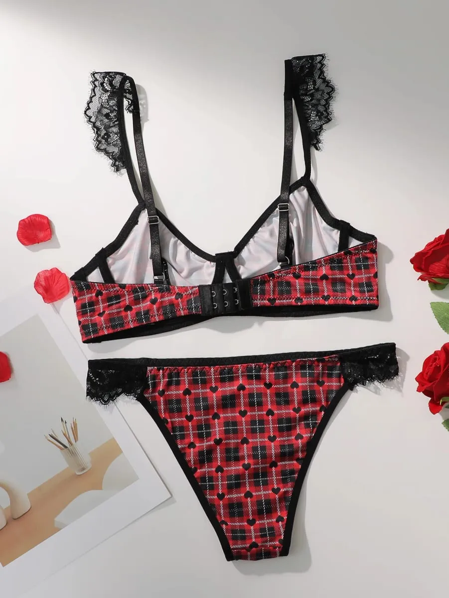 Women Plaid Heart Print Lingerie Set Lace Spaghetti Strap Bra At Panty Set Soft Comfortable Ladies Intimate Sleep Underwear Set — image 2