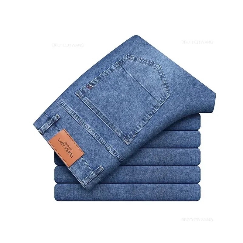 Marca de verão masculina ajuste reto leve algodão estiramento jeans negócios casual cintura alta fina luz cinza calças dos homens — image 12