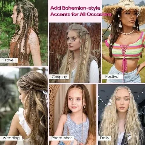 2PCS Synthetic 20Inch Bohemian Braided Ponytail Hair Extensions With Metal Charms Brown Mix Burgundy Handmade Box Braid Ponytail