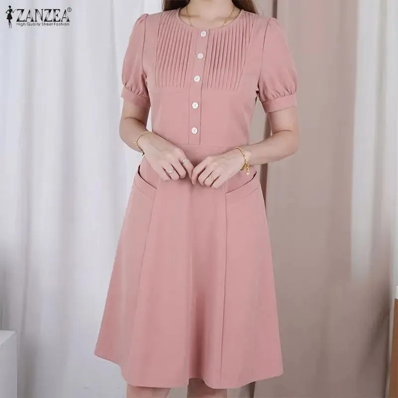 Summer Pleated Women Dress Fashion ZANZEA Solid Vestidos Short Sleeve Sundress OL Work Streetwear Party Knee Length Dresses — image 2
