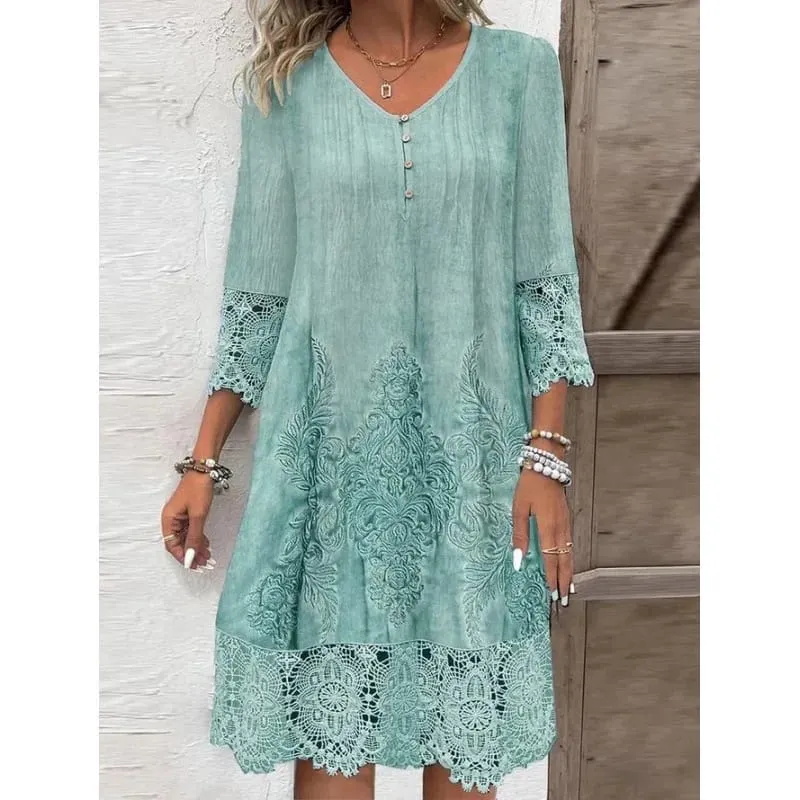 Moda vestidos de verão 2024 verão novo padrão 3d renda emenda oco para fora midi vestido casual vestidos de manga curta senhora — image 3