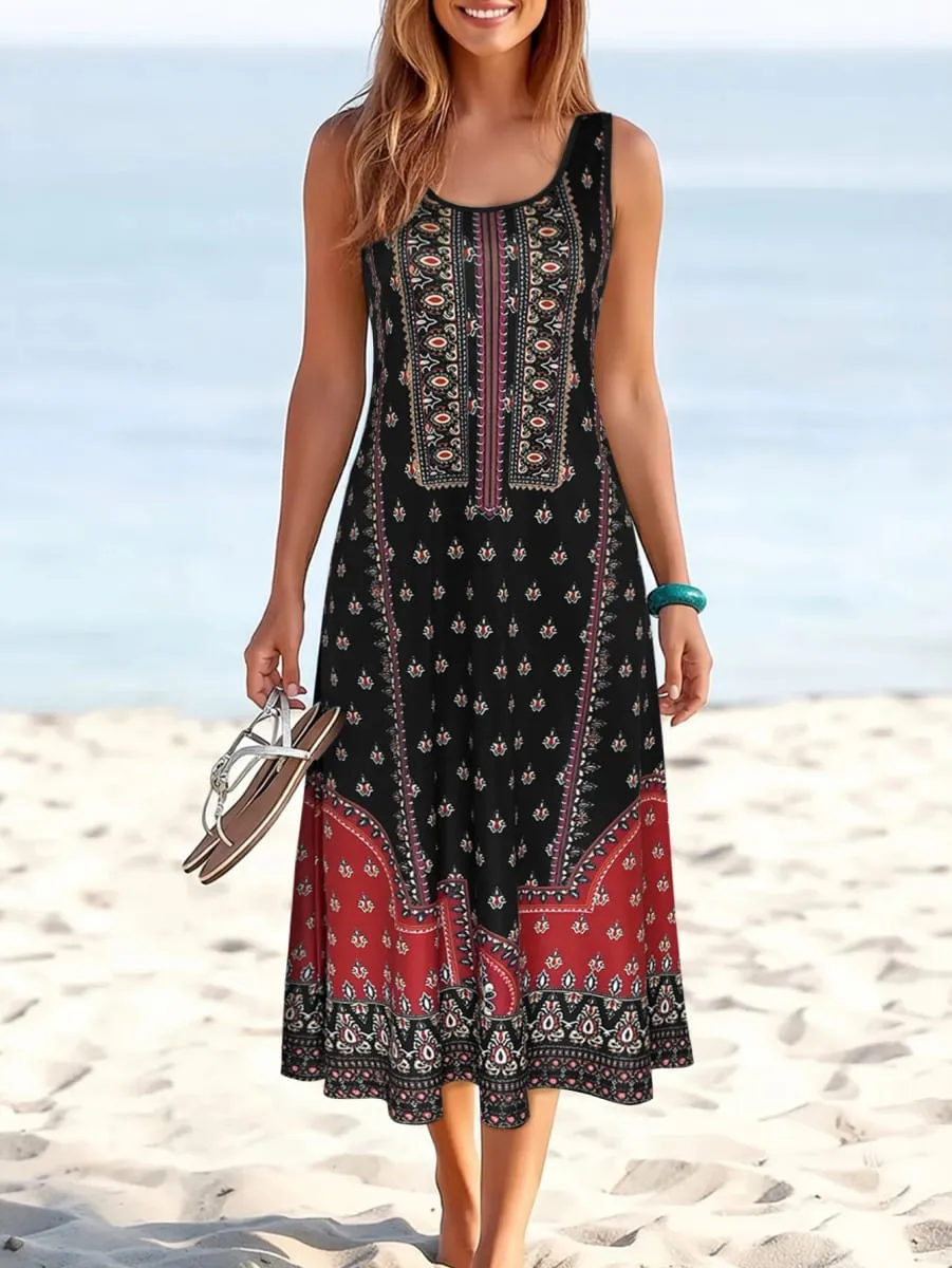 Women's Tribal Print Sleeveless Midi Dress Round Neck Loose A Line Casual Sundress Summer Beach Boho Vacation Dress — image 2