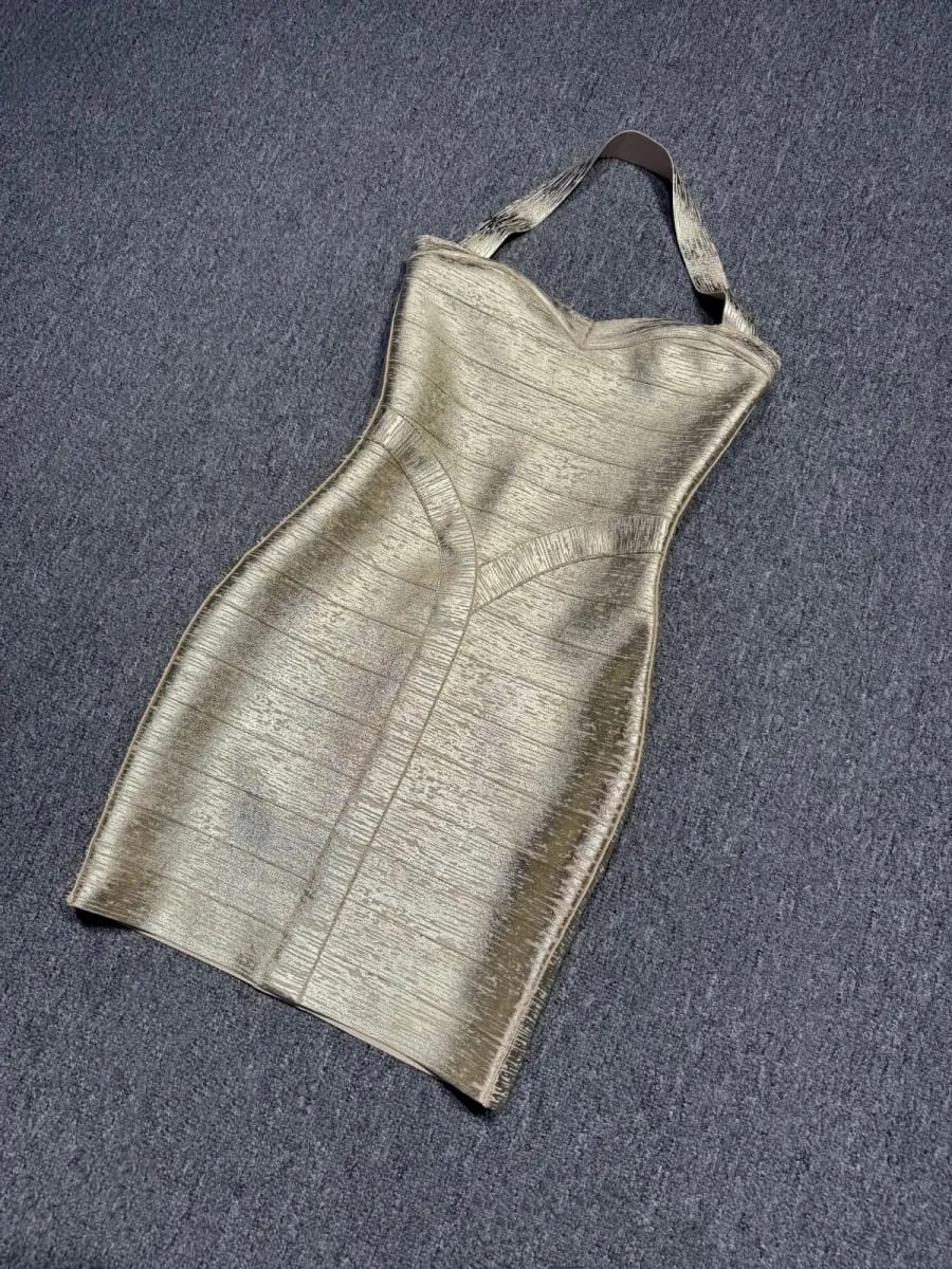 Real Photos Women Gold Bronzing Bandage Dress Bodycon Mini High Street Evening Club Party Homecoming Dress Wholesale Dropship — image 3