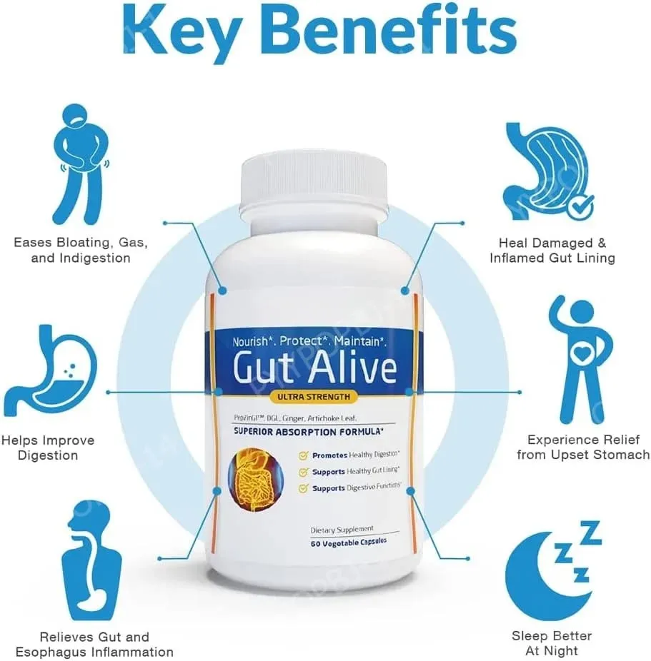 Gut Alive - All Natural Support to Fight IBS Heartburn Acid Indigestion Acid Reflux Bloating & Gas Unique Formulation 60 Count — image 4