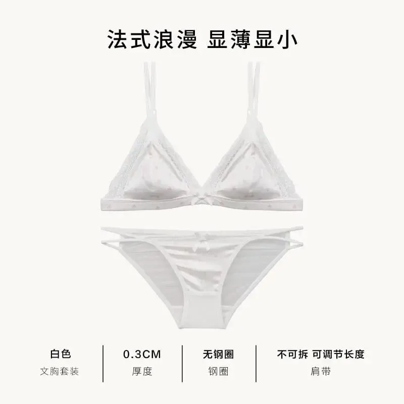 French Satin Lace Triangle Bra Set Wireless Thin Cup Small Bust Push Up Lingerie Side Support Anti Sag Sexy Women Underwear S-XL — image 8