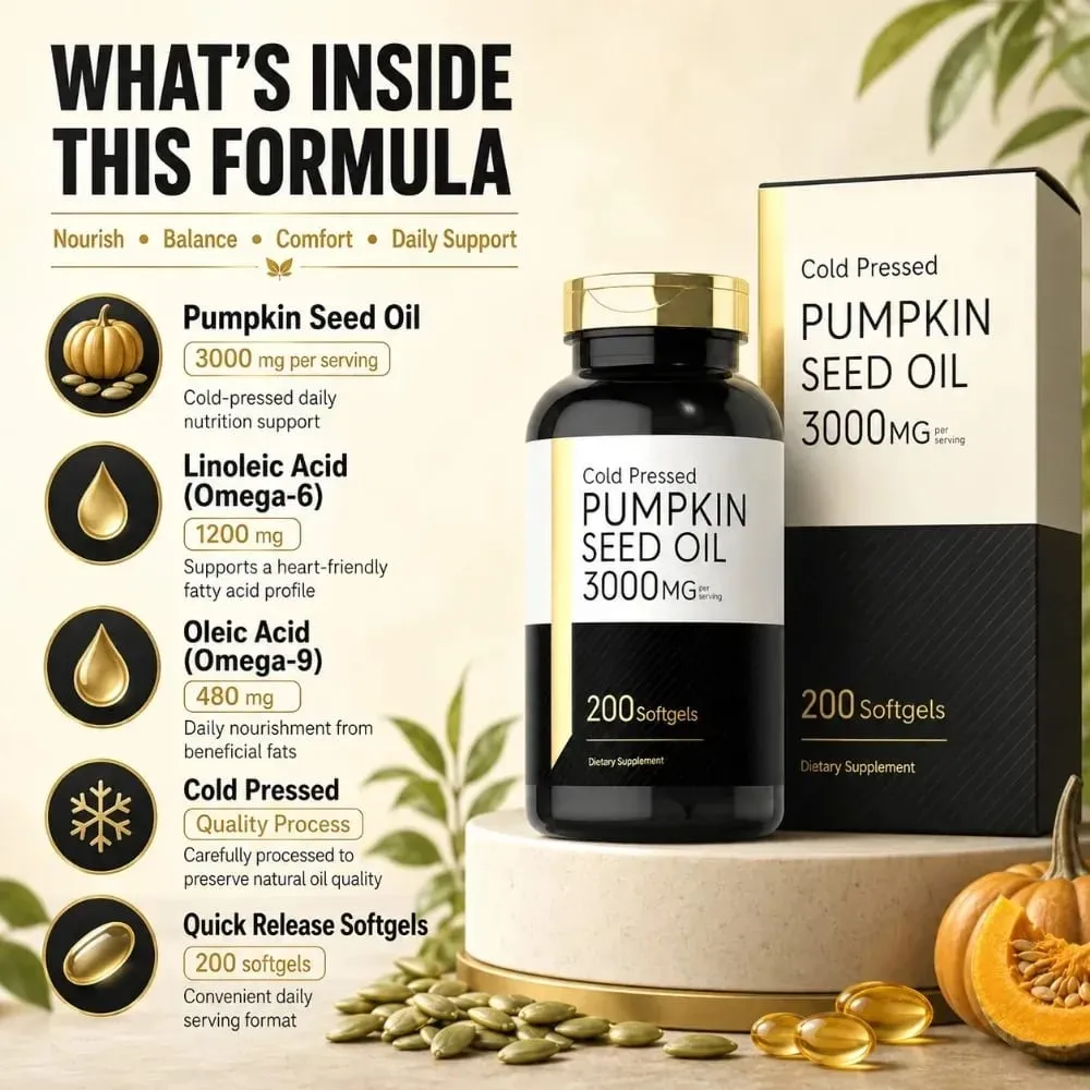 Cold Pressed Pumpkin Seed Oil Softgels 3000mg Omega 6 & 9 Dietary Supplement for Men Women Wellness Quick Release 200 Count — image 4
