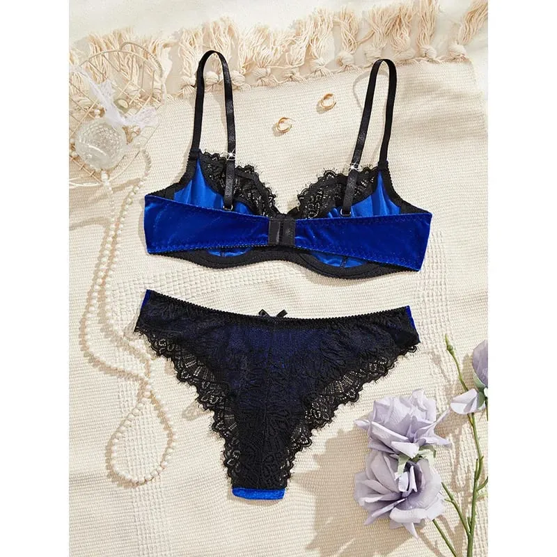 Sexy Female Lingerie Luxury Velvet Bra Set Lace Splicing Underwear Three-point Women's Lingerie Comfortable Intimate Underwear — image 3