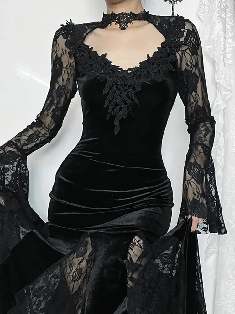 Altgoth estético gótico midi vestido feminino vintage elagnt rendas retalhos ver através da manga alargamento cintura alta clubwear vestido femme — image 3