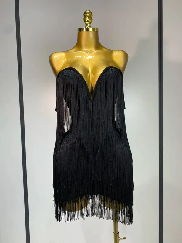 Women Sexy Strapless Tassel Off Shoulder Bandage Dress Fancy Club Celebrity Evening Party Mini Bodycon Dress Birthday Vestido — image 7