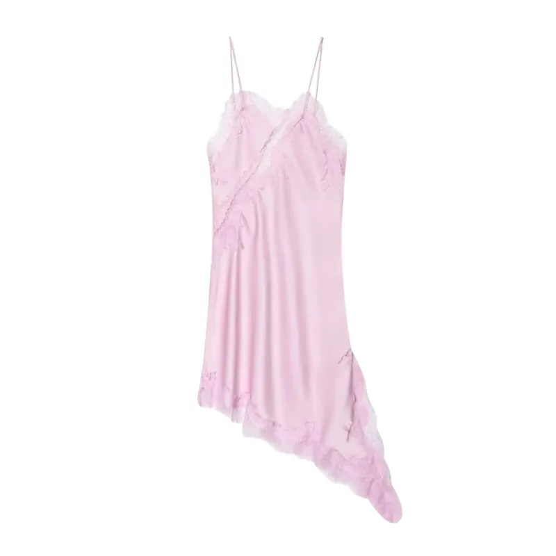 Vestido de cetim marrom com emenda de renda, elegante, bainha irregular, decote em v, costas nuas, sem mangas, vestido chique para mulheres, festa em clube — image 9