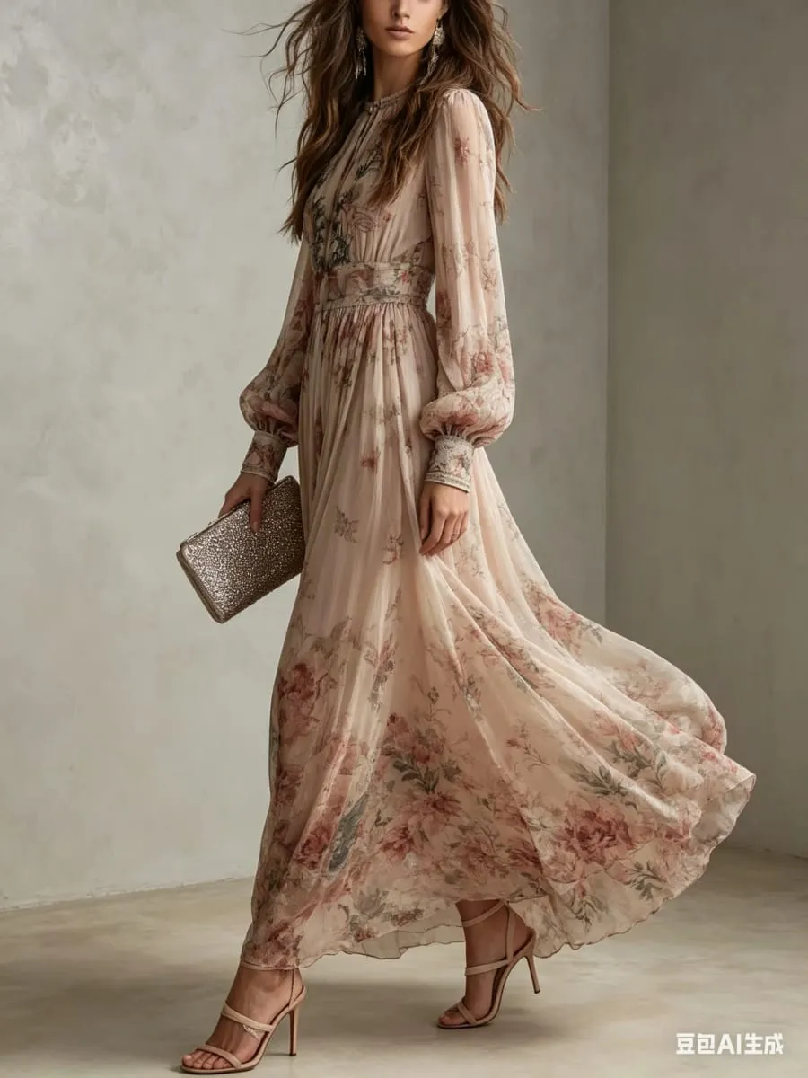 Elegant Long Sleeve Chiffon Long Dresses For Women 2026 Fashion Floral Print Slim Party Maxi Dress Casual — image 6
