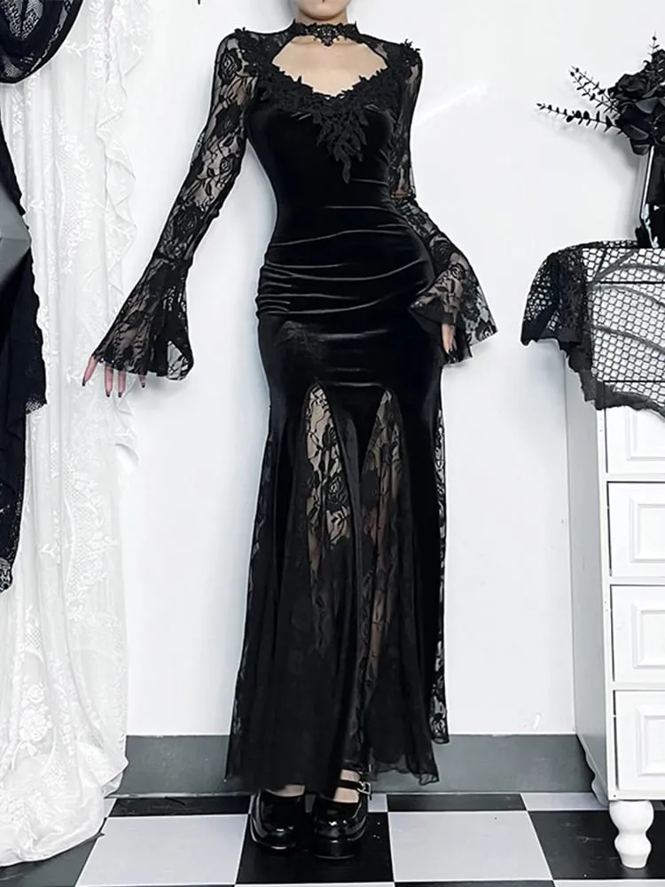 Altgoth estético gótico midi vestido feminino vintage elagnt rendas retalhos ver através da manga alargamento cintura alta clubwear vestido femme — image 5