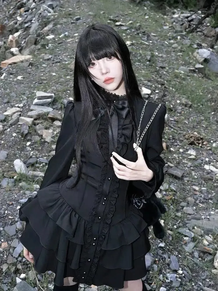 Gothic Vintage Spets Y2k Mini Klänning Dam Design Streetwear Svart Lolita Slim Klänning Långärmad Elegant Klänning Spicy Girls — image 2