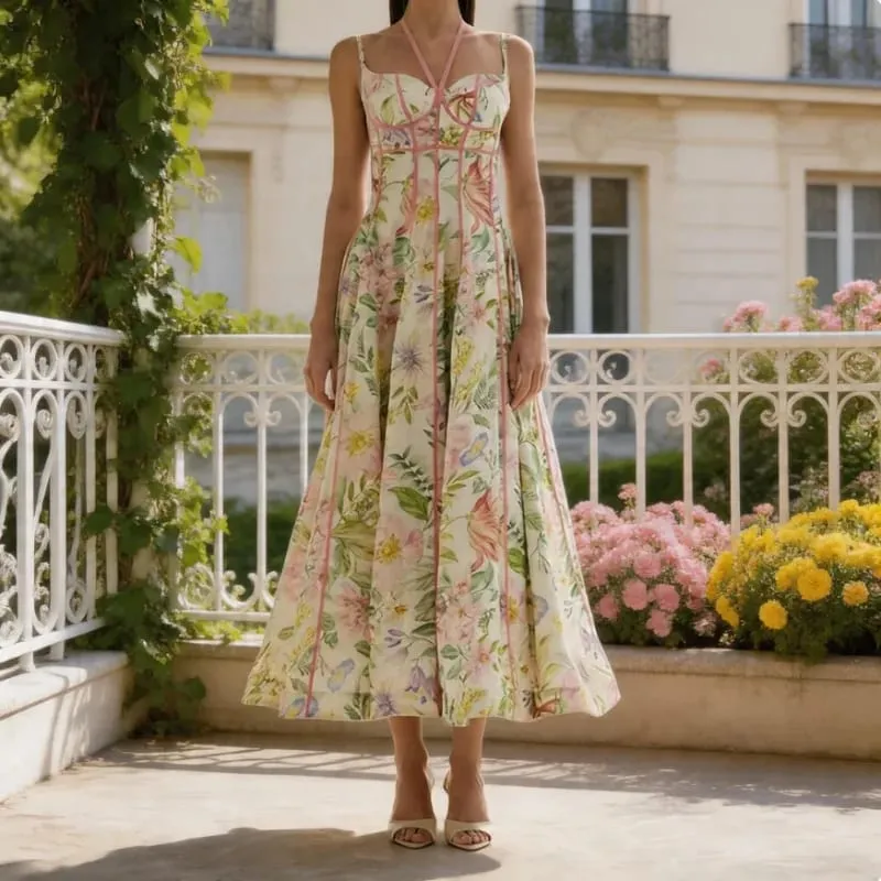 Feminino retro floral impressão espartilho maxi vestido sexy sem mangas halter pescoço flowy vestido longo senhora verão férias namoro streetwear — image 3